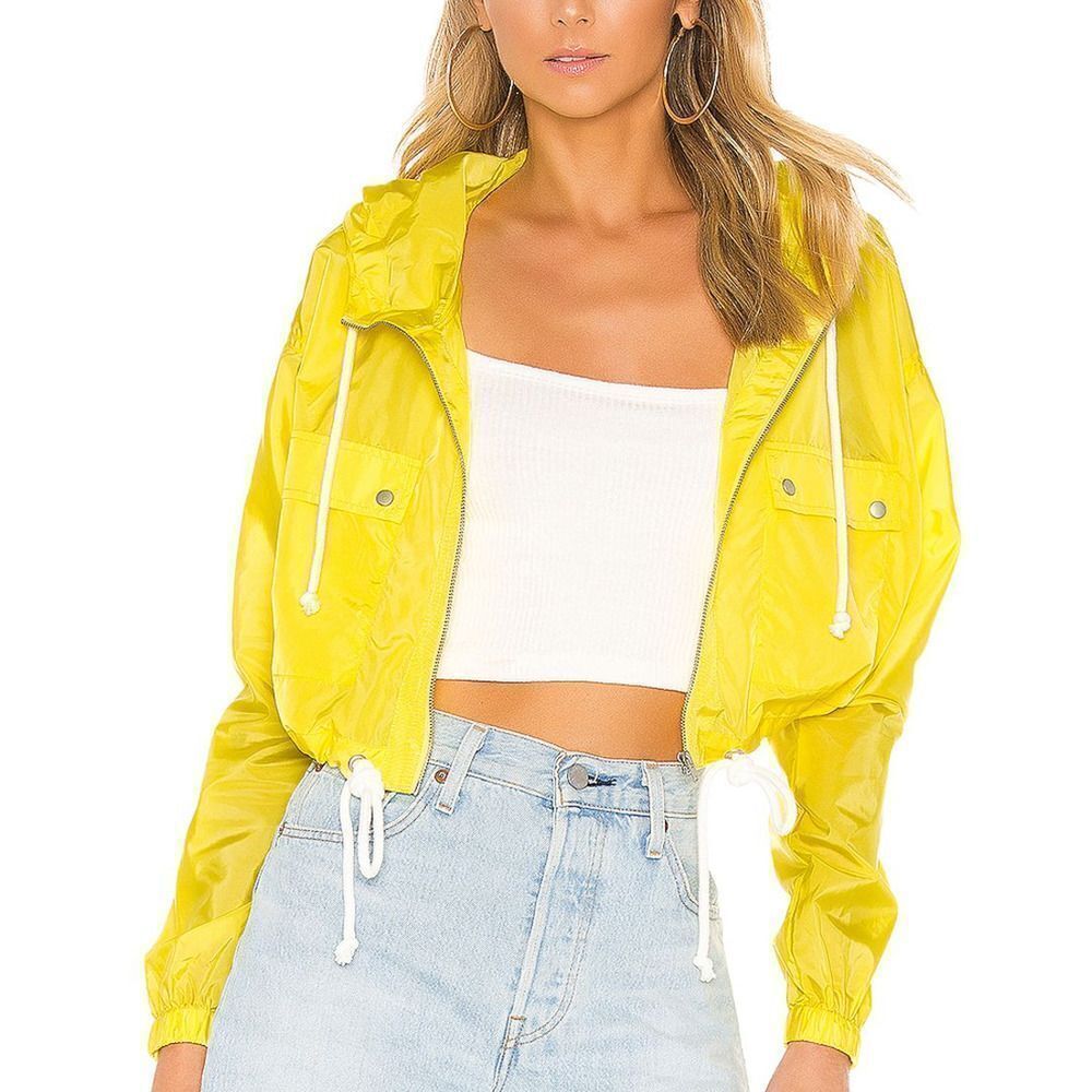 Lovers and Friends Bonnie Womens Neon Yellow New Cropped hooded Zip raincoat XL